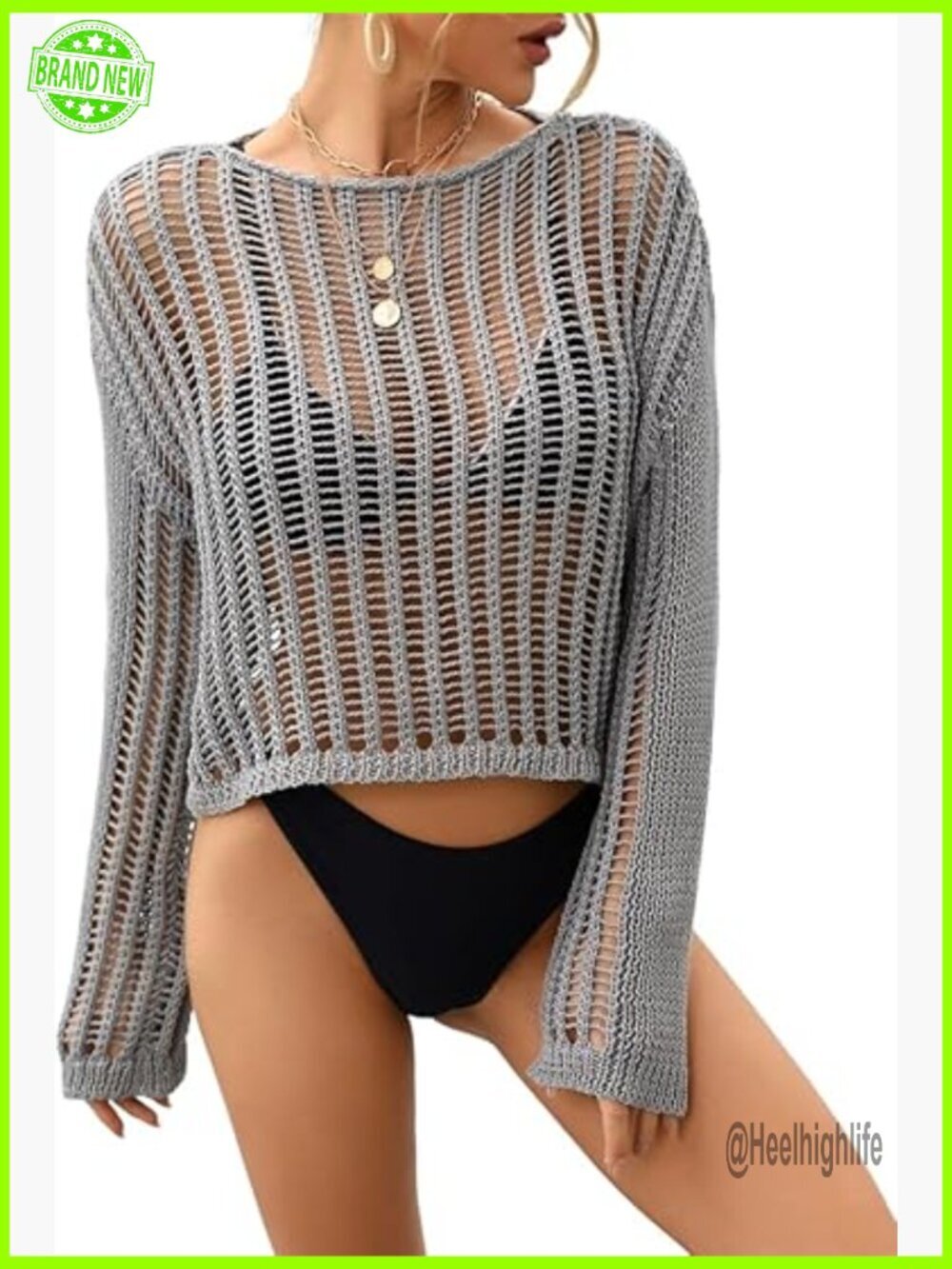 Crochet Knit See Through Long Sleeve Crew Neck Crop Top Cover Up